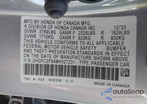 2021 Honda Civic Sport from USA, damaged, VIN 2HGFC2F84MH527231